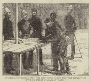 Zululandia, 1 de septiembre de 1879, los jefes zulúes firmando las estipulaciones de paz con Sir Garnet Wolseley en Ulundi de English School